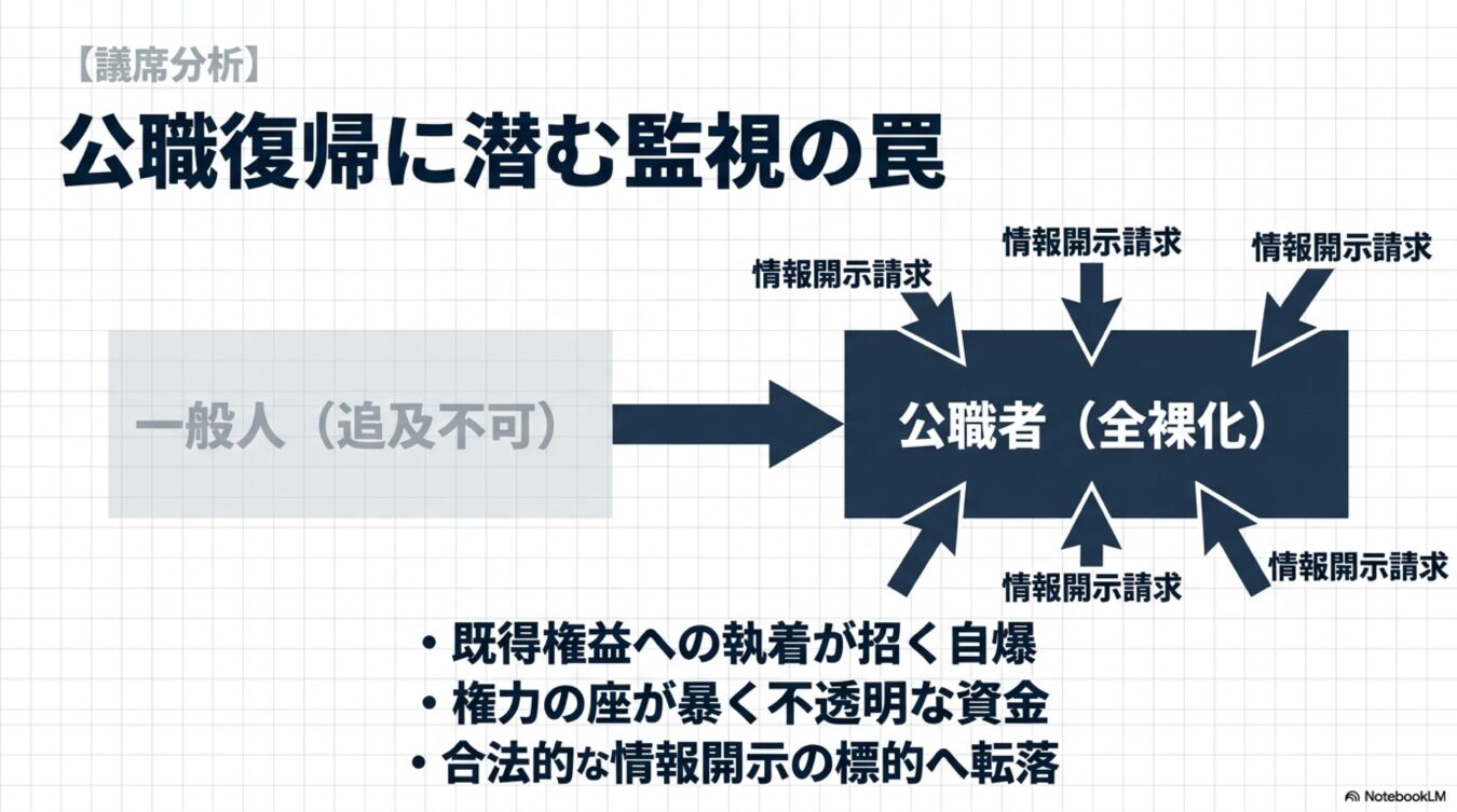 公職復帰に伴う監視の構造図。一般人が公職者に対して情報開示請求を行い、既得権益や不透明な資金が暴かれる過程を示している。