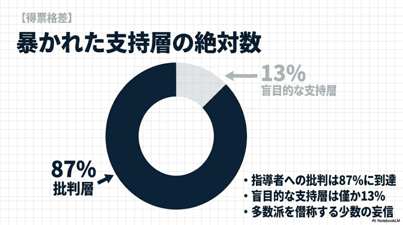 得票格差に関するグラフ。指導者への批判層が87%、盲目的な支持層が13%であり、多数派を僭称する少数の妄信であることを示している。