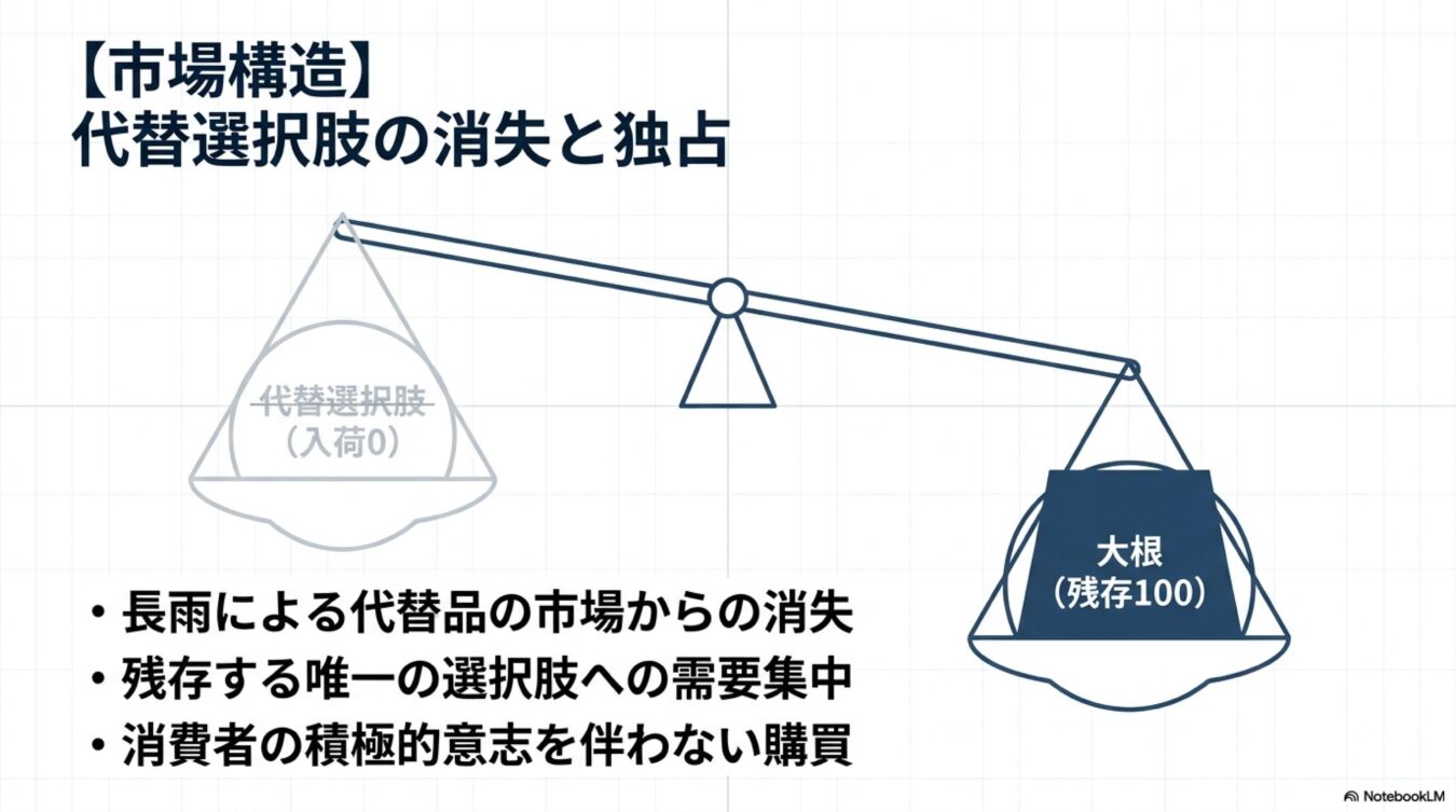 天候不良で代替品が消滅し、唯一残った大根に需要が集中する独占的な市場構造を天秤の図で示しています。