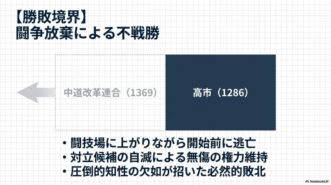 闘争放棄による不戦勝を解説する図解。中道改革連合と高市氏の数値比較を示し、対立候補の自滅による勝敗の構図を批判的に論じている。
