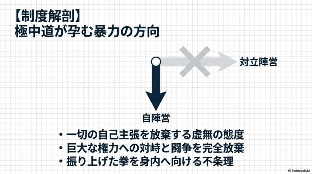 極中道が孕む暴力の方向性を示す図解。対立陣営への攻撃は否定され、矛先が自陣営に向けられる虚無的で不条理な構造を解説している。