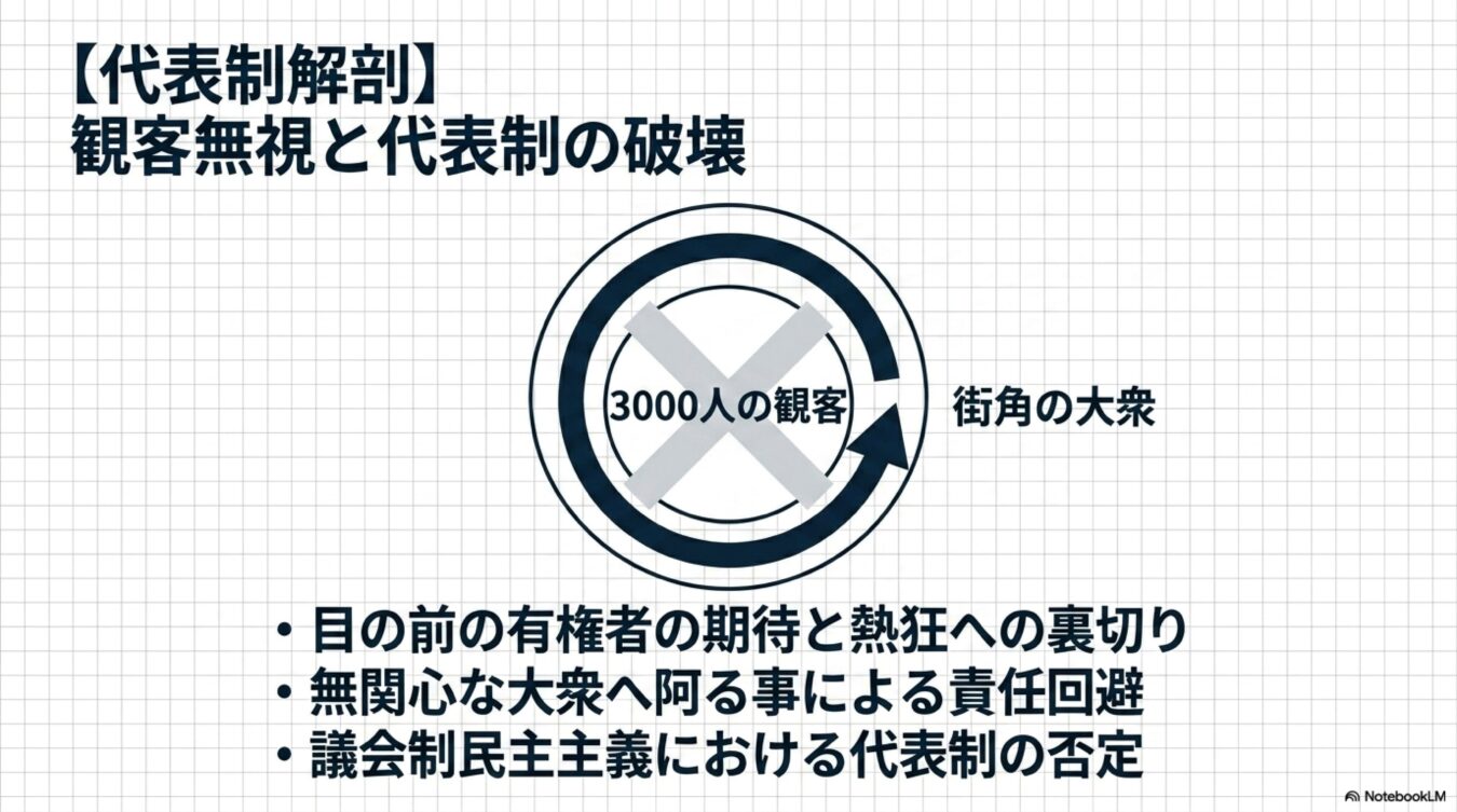 代表制解剖の図解。3000人の観客を無視し、街角の大衆へ阿ることで責任を回避する、議会制民主主義における代表制の破壊と否定の構造を示したもの。