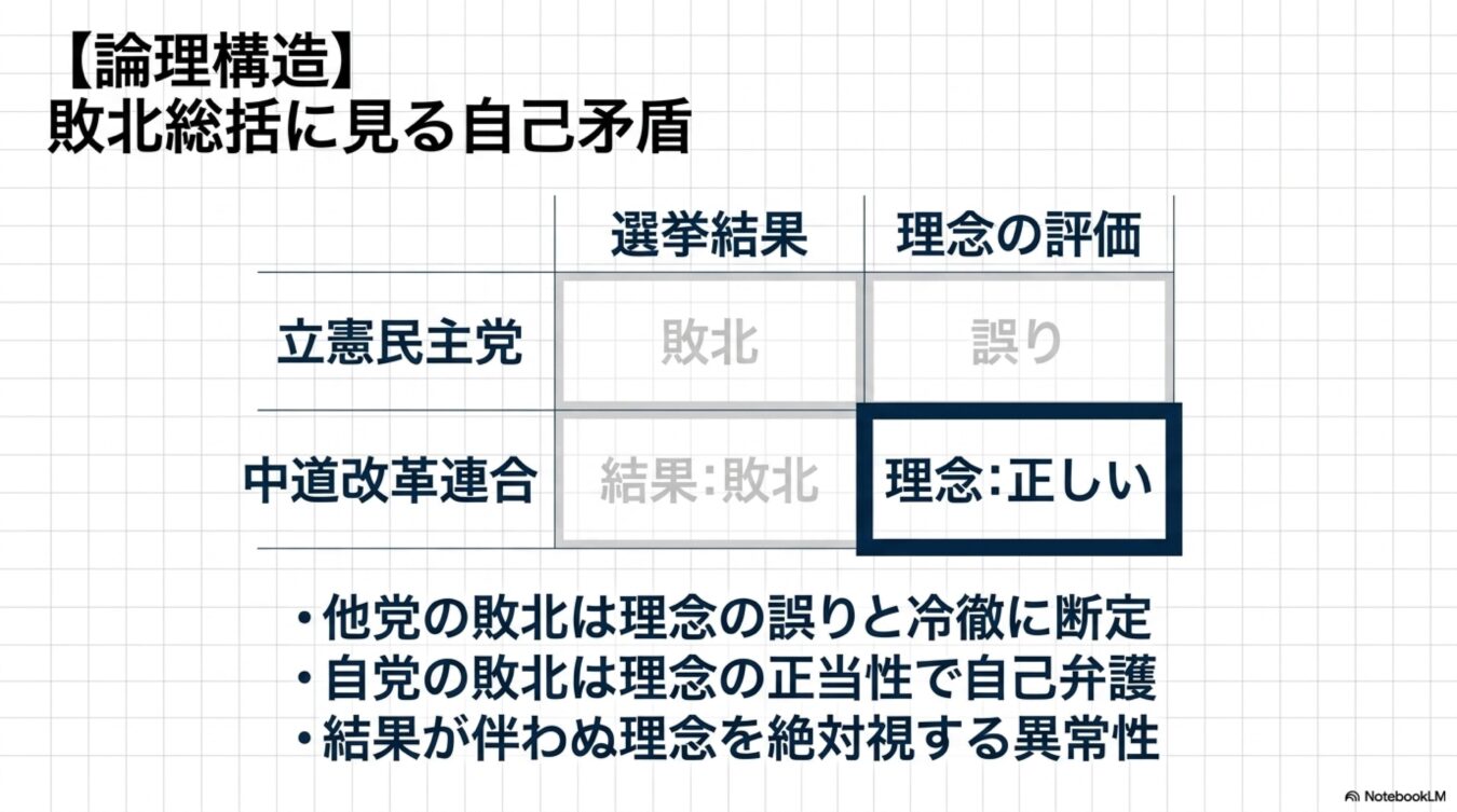立憲民主党と中道改革連合の選挙結果と理念の評価を対比させ、自他で基準が異なる敗北総括の自己矛盾と論理的な異常性を指摘する図。