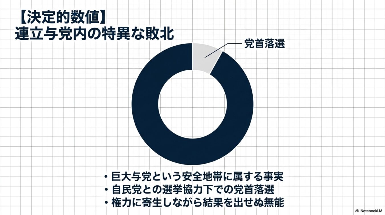 連立与党内の党首落選を示すドーナツグラフ。巨大与党の安全地帯に属しながら、選挙協力下で党首が落選した特異な敗北を無能と批判する図