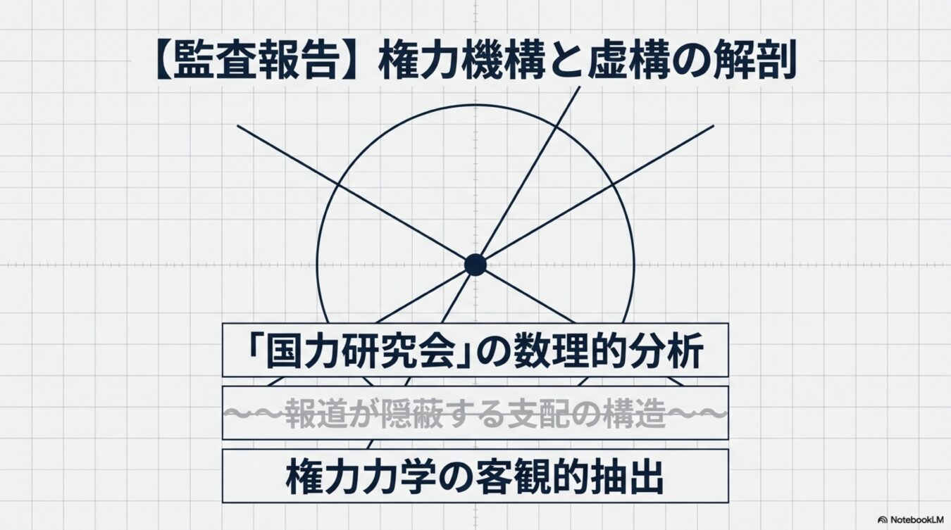 監査報告 権力機構と虚構の解剖と題し、国力研究会の数理的分析による報道が隠蔽する支配構造と権力学の客観的抽出を図示した図。