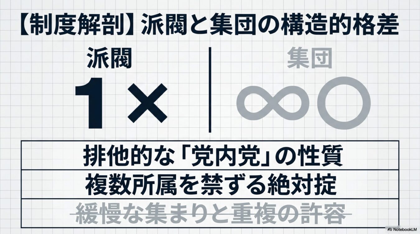 【制度解剖】派閥と集団の構造的格差。派閥は排他的で単一所属を強制するのに対し、集団は緩やかで複数所属を許容する性質の違いを対比図で示している。