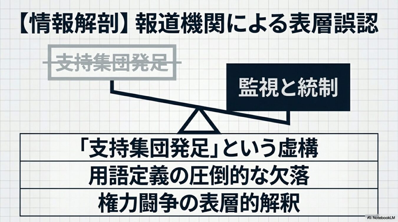 支持集団発足と監視と統制を天秤にかけ、報道機関による表層的な誤認や用語定義の欠落、権力闘争の解釈を批判的に図解した概念図。