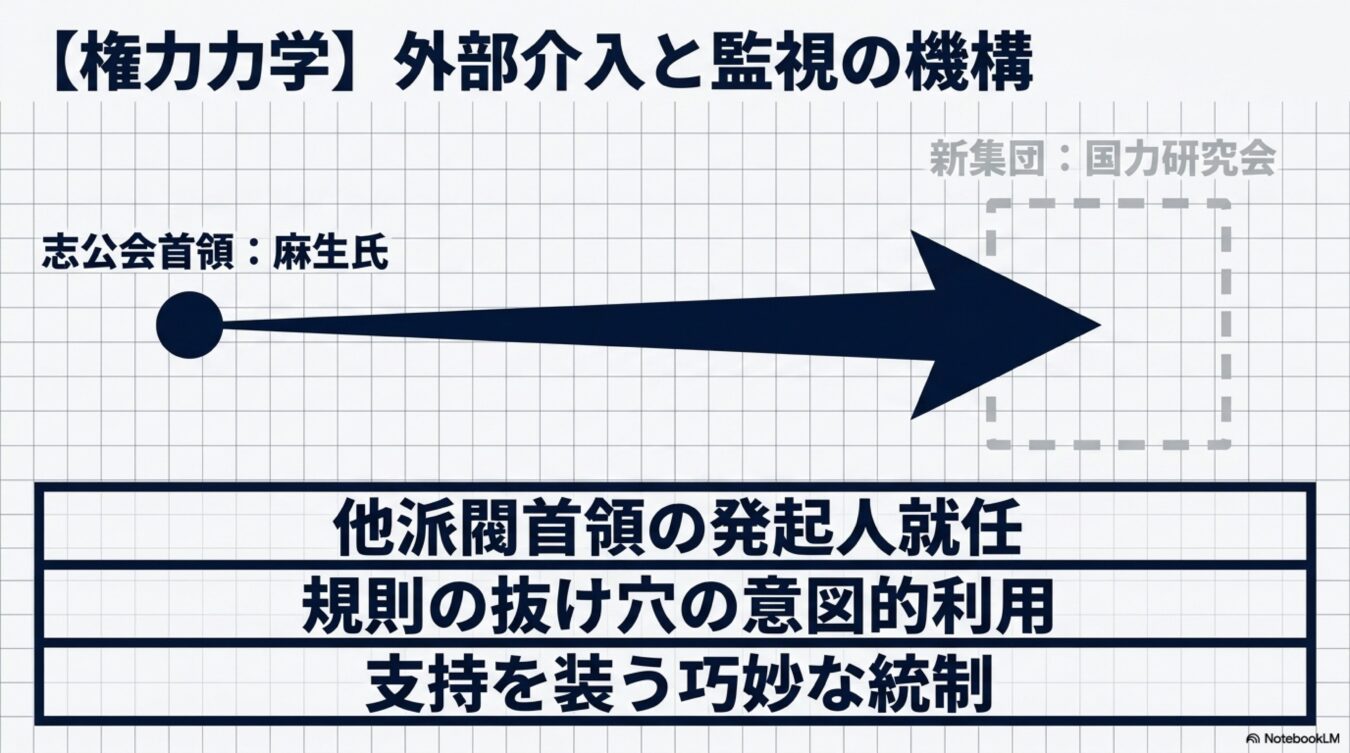 権力力学と題し、麻生氏が他派閥の国力研究会に介入し、規則の抜け穴を利用して支持を装いつつ巧妙に統制する構図を示した図解。