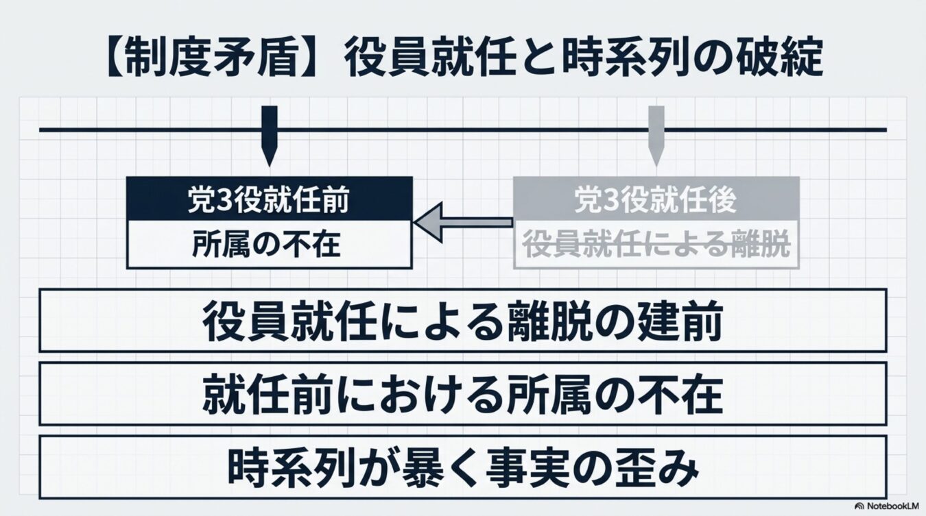 役員就任と時系列の矛盾を図解。党3役就任前後の所属の不在と離脱の建前を比較し、時系列における事実の歪みを指摘する図表。