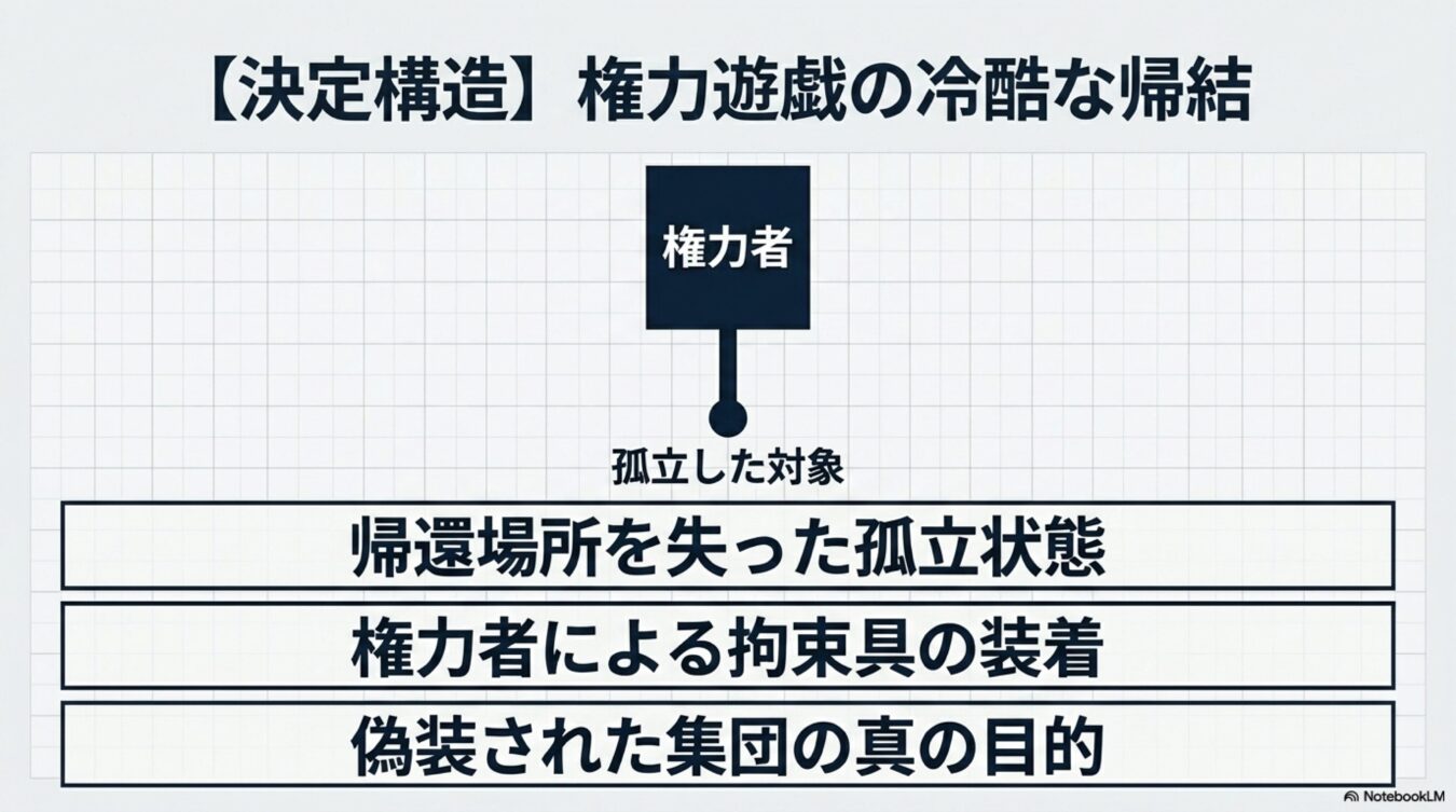 権力構造の決定メカニズムを図解した資料。権力者による対象の孤立化と拘束、およびその背後にある集団の目的を示している。