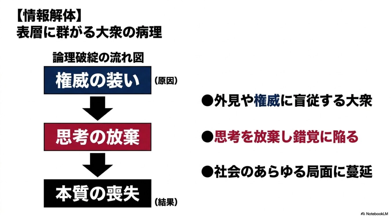 権威の装いから思考の放棄を経て本質の喪失に至る、社会的な大衆の病理と論理破綻の流れを示す図解。