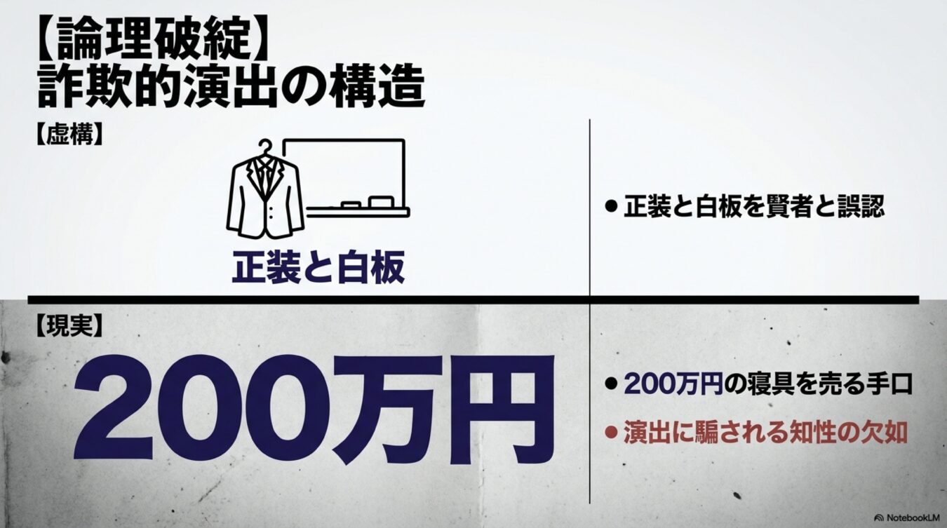 詐欺的演出の構造。虚構の正装と白板を賢者と誤認させ、現実では高額な寝具を売りつける手法とその心理的罠を解説した図解。