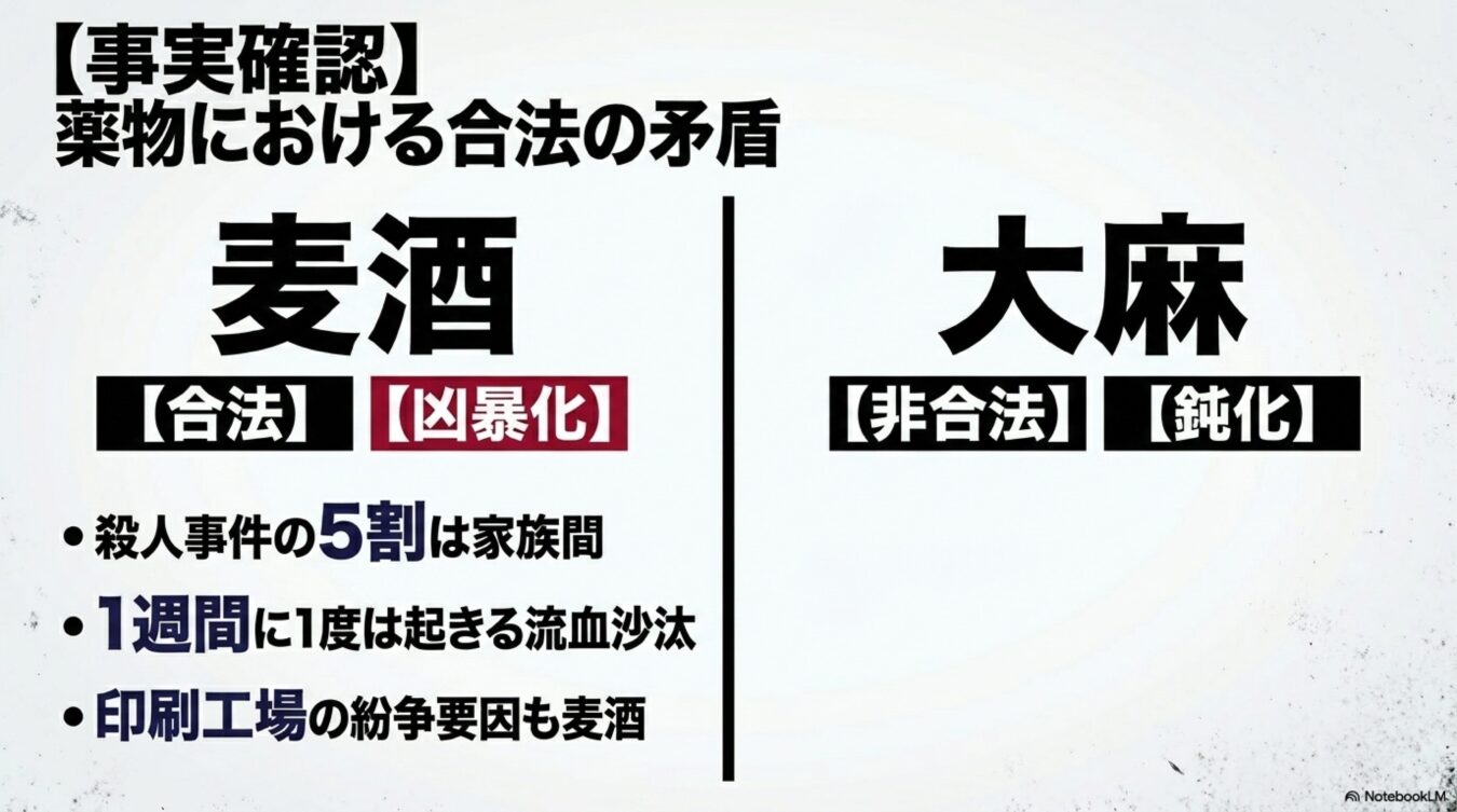 合法である麦酒の凶暴性と非合法である大麻の鈍化という対照的な性質を比較し、薬物規制における矛盾を提示する図。
