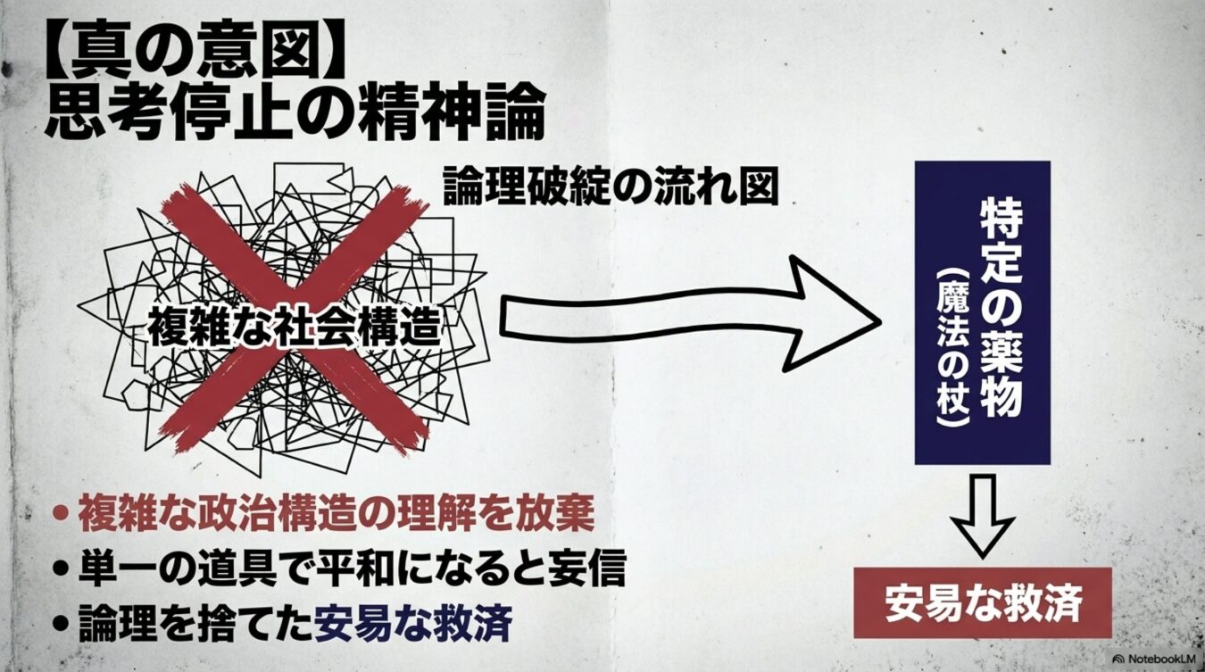 複雑な社会構造の理解を放棄し、特定の薬物や単一の解決策に安易な救済を求める思考停止の精神論を示した論理破綻の流れ図。