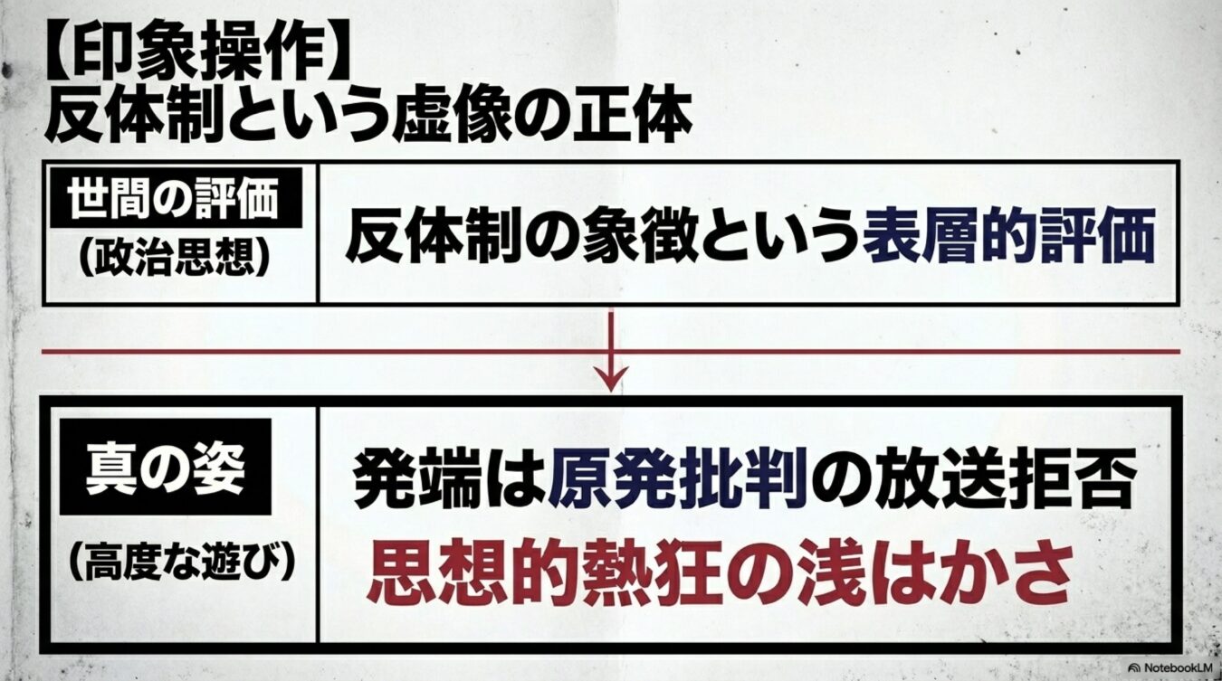 印象操作 反体制という虚像の正体と題し、世間の評価である反体制の象徴というイメージと、原発批判の放送拒否を端とした真の姿との対比構造を示す図解。