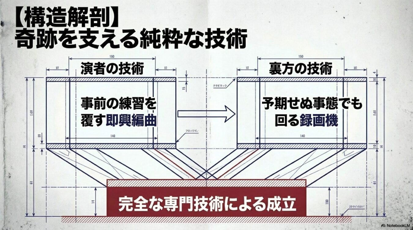 演者の即興編曲と裏方の技術が組み合わさり、専門技術によって奇跡的なパフォーマンスが成立する構造を示した図解。