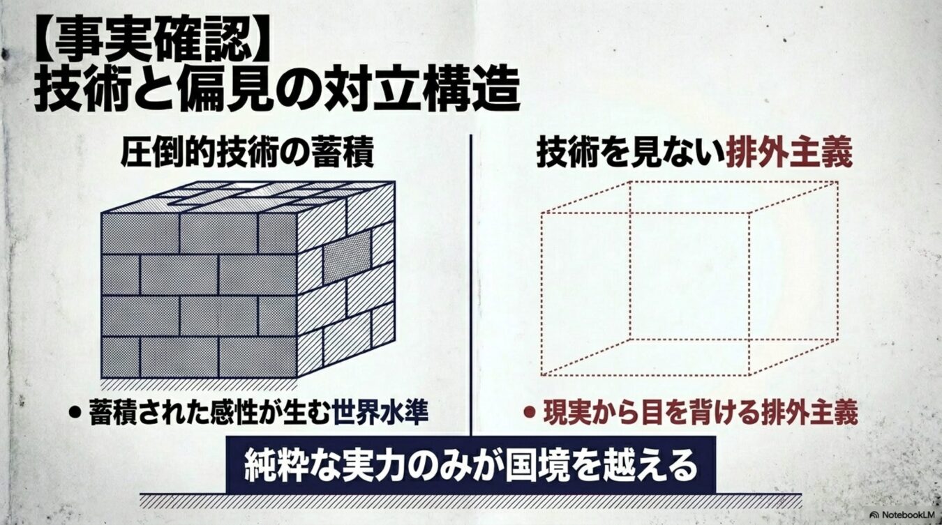 技術と偏見の対立構造と題し、積み重なった技術の蓄積と、実体のない排外主義を対比し、実力のみが国境を越えるという主張を示す図解。