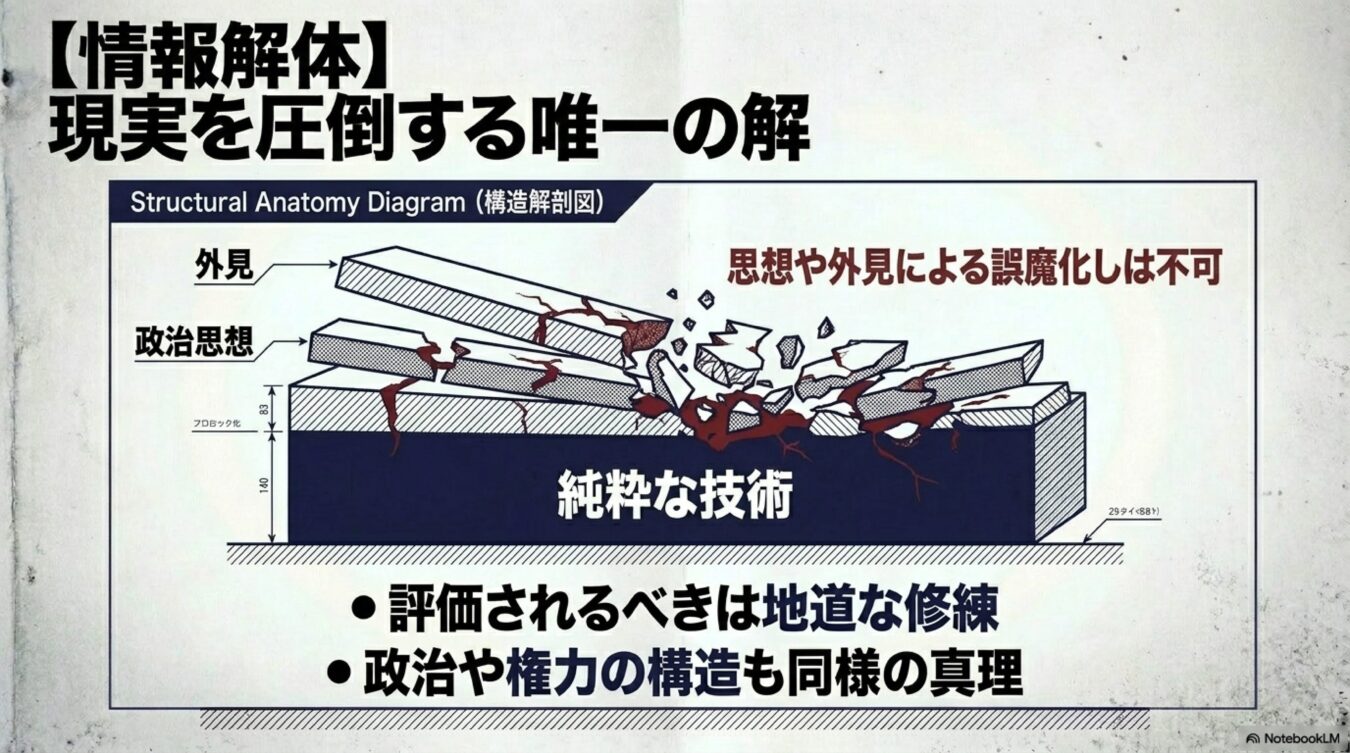 純粋な技術が土台となり、外見や政治思想といった表層が崩れる様子を示す構造解剖図。地道な修練こそが真理であるというメッセージ。