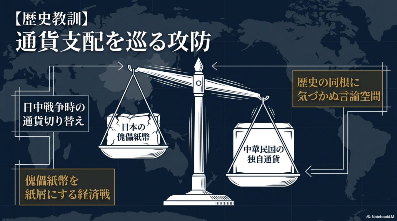 日中戦争時の通貨支配を巡る攻防を示した図。天秤の両側に日本の傀儡紙幣と中華民国の独自通貨を配置し、経済戦の構図を解説している。