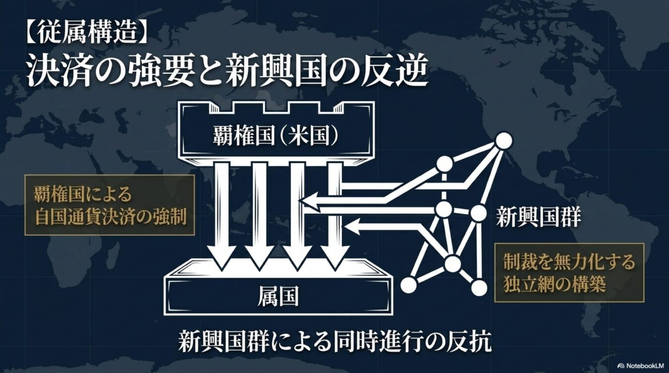 覇権国による自国通貨決済の強制と、それに対抗して制裁を無力化する独立網を構築する新興国群の従属構造図。