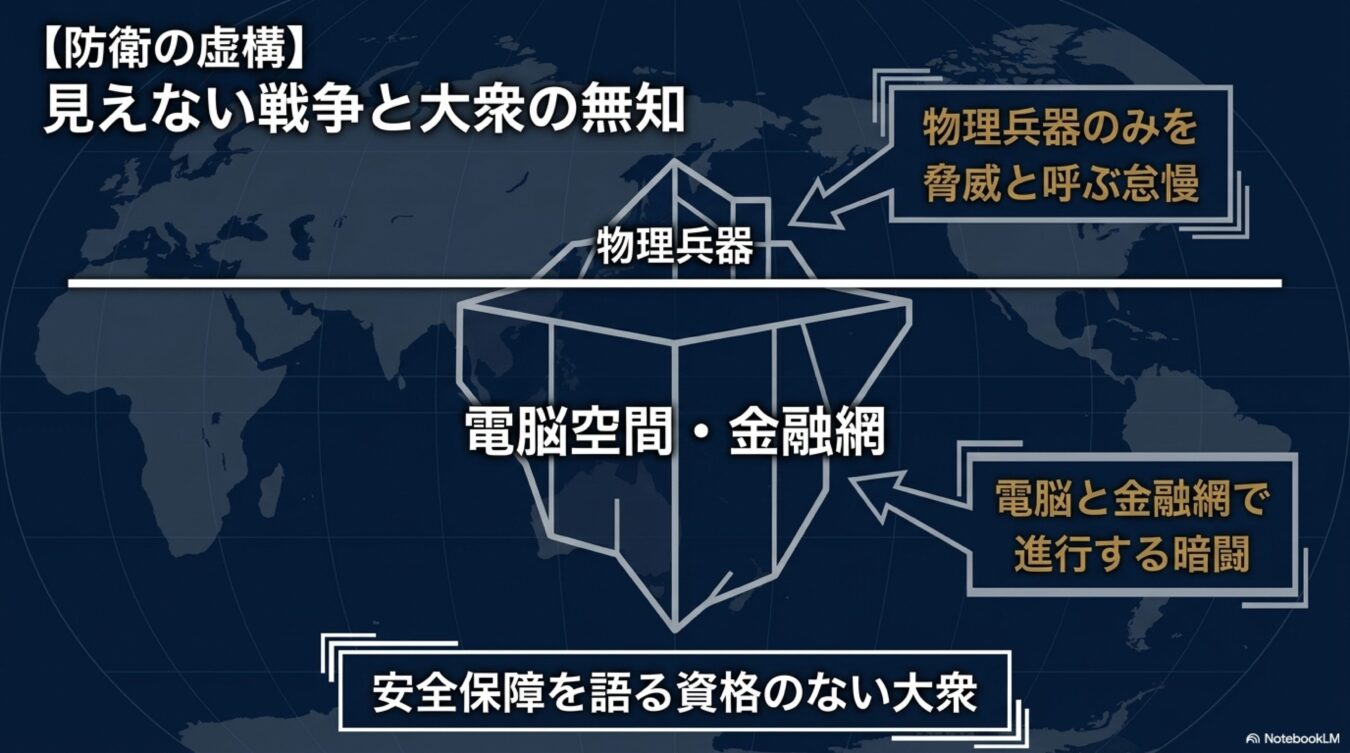 物理兵器のみを脅威とする大衆の無知を氷山に見立て、見えない電脳空間や金融網での戦いが進行している現状を示す図解。