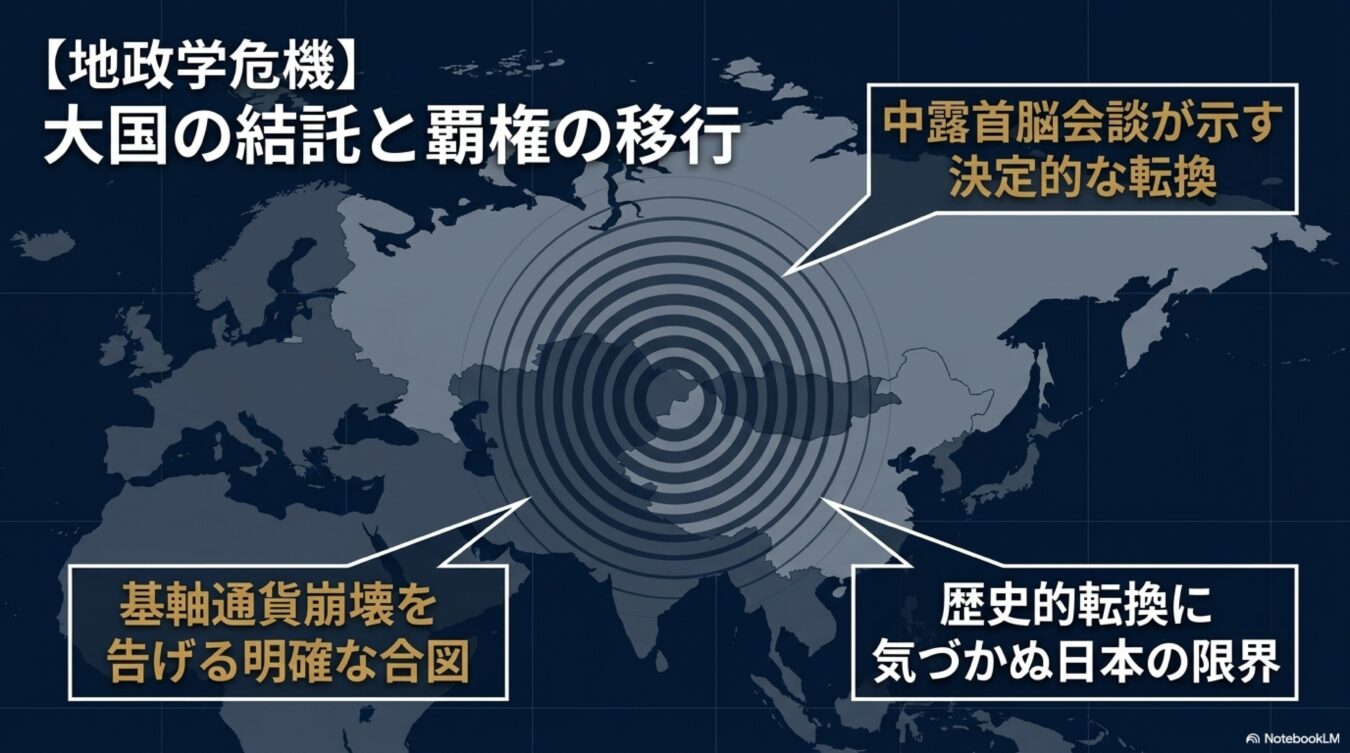 世界地図を背景に、地政学危機、中露の結託による覇権の移行、基軸通貨崩壊の兆候、そして歴史的転換点における日本の現状について解説する図解。