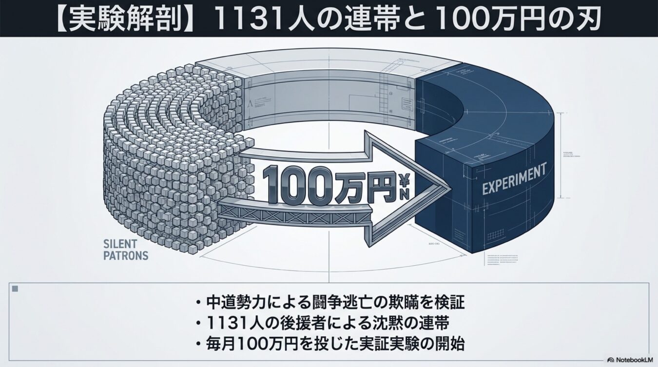 1131人の後援者による連帯と毎月100万円の資金を使い、中道勢力による闘争逃亡の欺瞞を検証する実証実験の概念図。