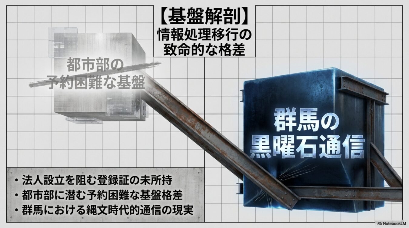 【基盤解剖】情報処理移行の致命的な格差。都市部の予約困難な基盤と、群馬の黒曜石通信を対比し、法人設立や通信インフラにおける地域格差の問題を指摘した図解。