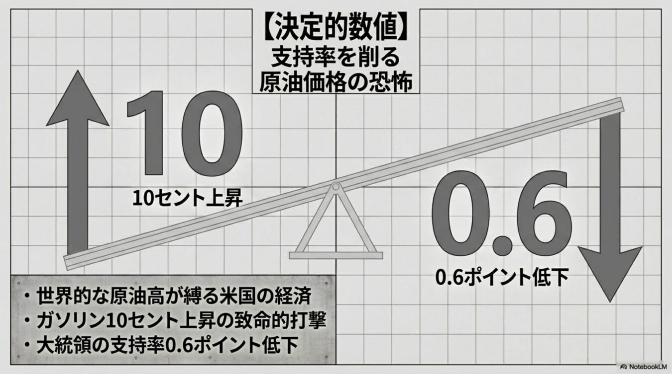 原油価格が10セント上昇すると大統領支持率が0.6ポイント低下するという、米経済への打撃を示す相関図。