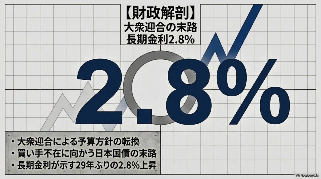 財政解剖として、大衆迎合による予算方針の転換と、買い手不在に向かう日本国債が招いた長期金利29年ぶりの2.8％上昇を解説する図表。