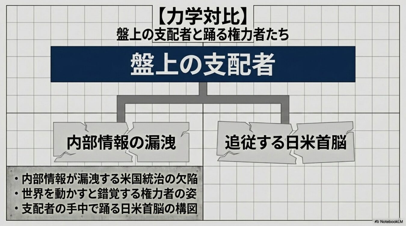 盤上の支配者が内部情報の漏洩と日米首脳を操る力学関係を示した図。支配層の手中で踊る政治の構図を解説している。