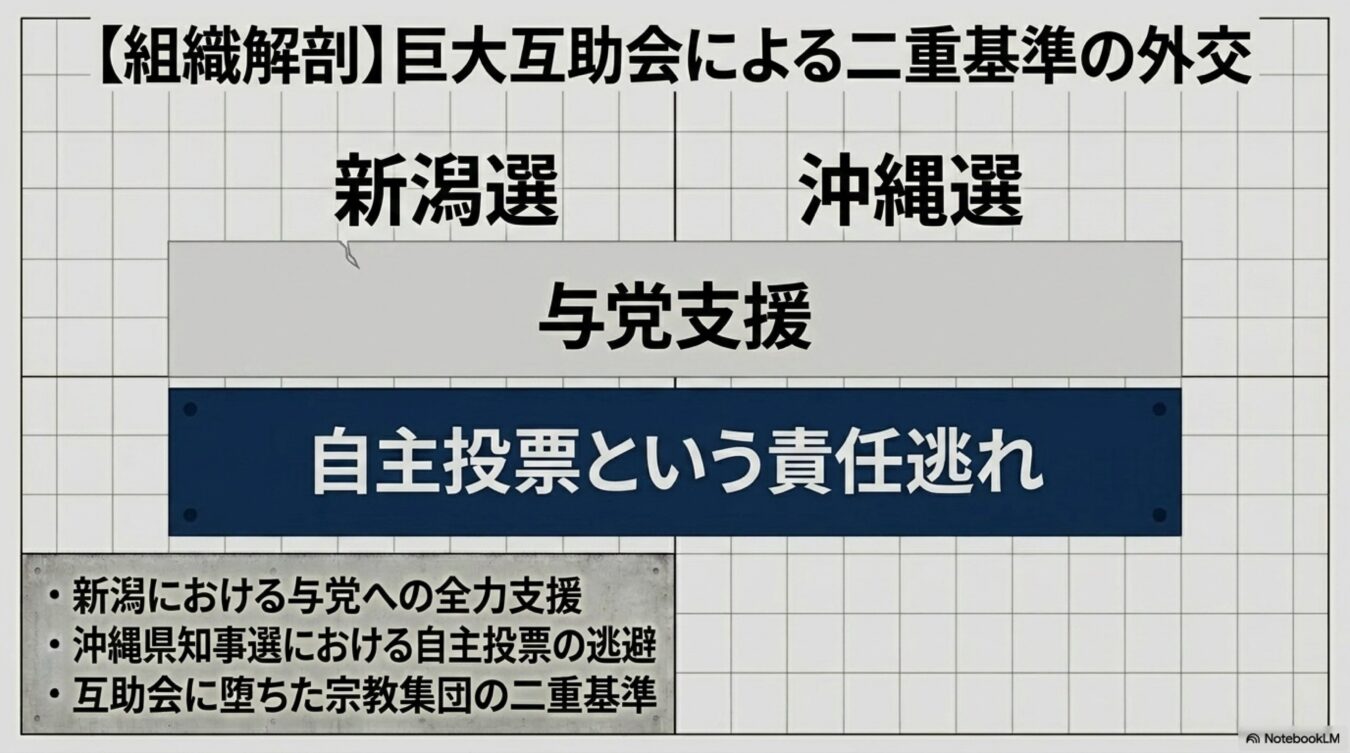 巨大互助会による二重基準の外交をテーマに、新潟選での与党支援と沖縄選での自主投票という矛盾した姿勢を批判的に図解した表。