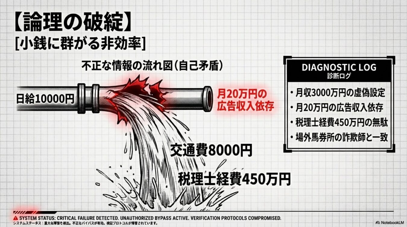 論理の破綻を示した図解。日給1万円に対し月20万円の広告収入へ依存する矛盾や、多額の経費による非効率な収支構造を診断ログとして視覚的に表現している。
