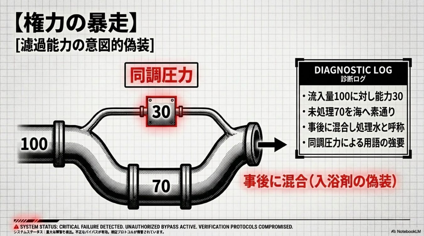 濾過能力を偽装し、流入量100のうち70を未処理のまま排出する不正なバイパス構造と、それを隠蔽する診断ログを示した図解。