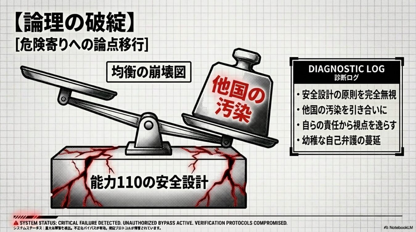 他国の汚染という重りにより能力110の安全設計が崩壊する様子と、安全原則を無視し責任を転嫁する論理的破綻を指摘する図解。