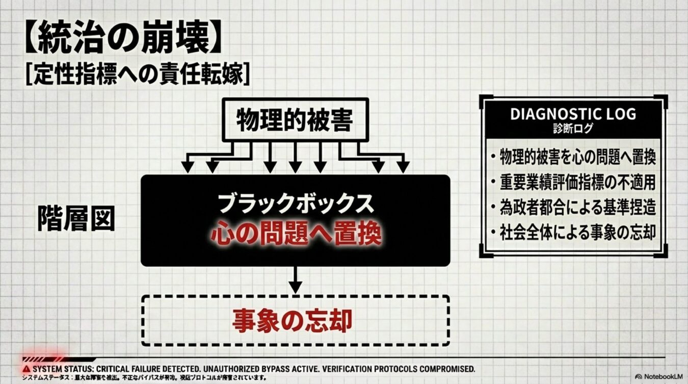 物理的被害がブラックボックスを経て心の個人の問題へ置き換えられ、事象が忘却される構造を示す階層図と、その診断ログ。