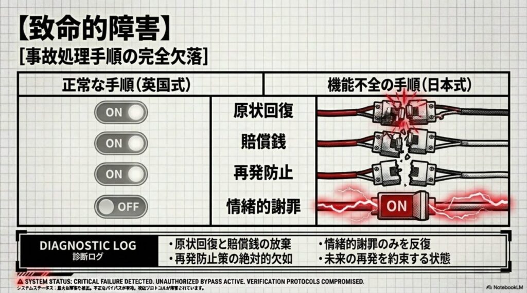 致命的障害：事故処理手順の完全欠落と題し、原状回復や再発防止を軽視し情緒的謝罪のみを繰り返す日本式の事故対応と、英国式の正常な対応を比較した概念図。