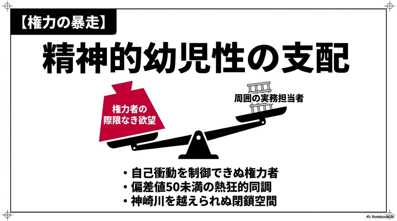 精神的幼児性の支配をテーマに、権力者の際限なき欲望が実務担当者を圧倒する不均衡な天秤と、組織の病理を示す3つの箇条書きを記した図解。