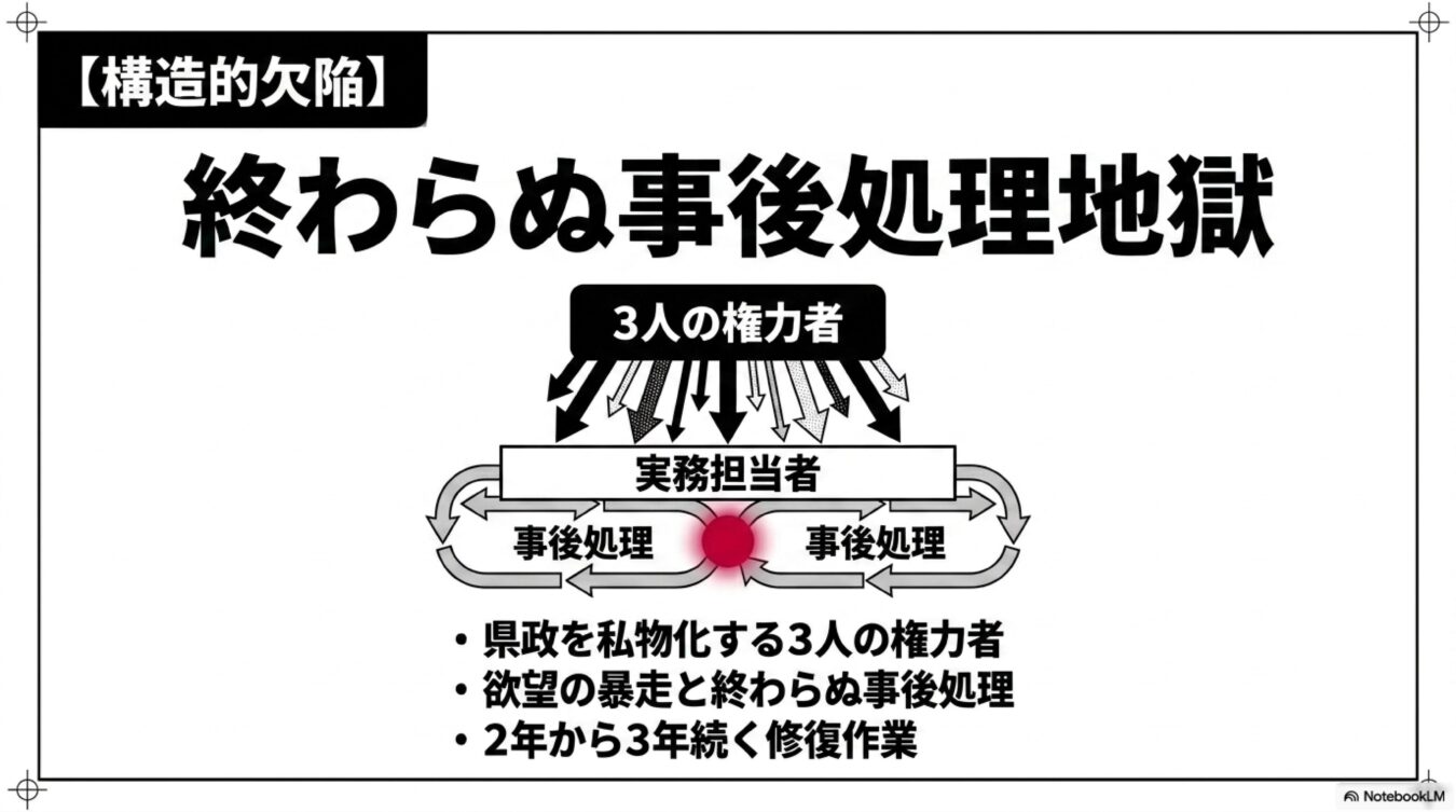 権力者の暴走によって実務担当者が終わらぬ事後処理に追われる構造的欠陥を示した図解。県政の私物化による長期的な修復作業の苦悩を表現している。
