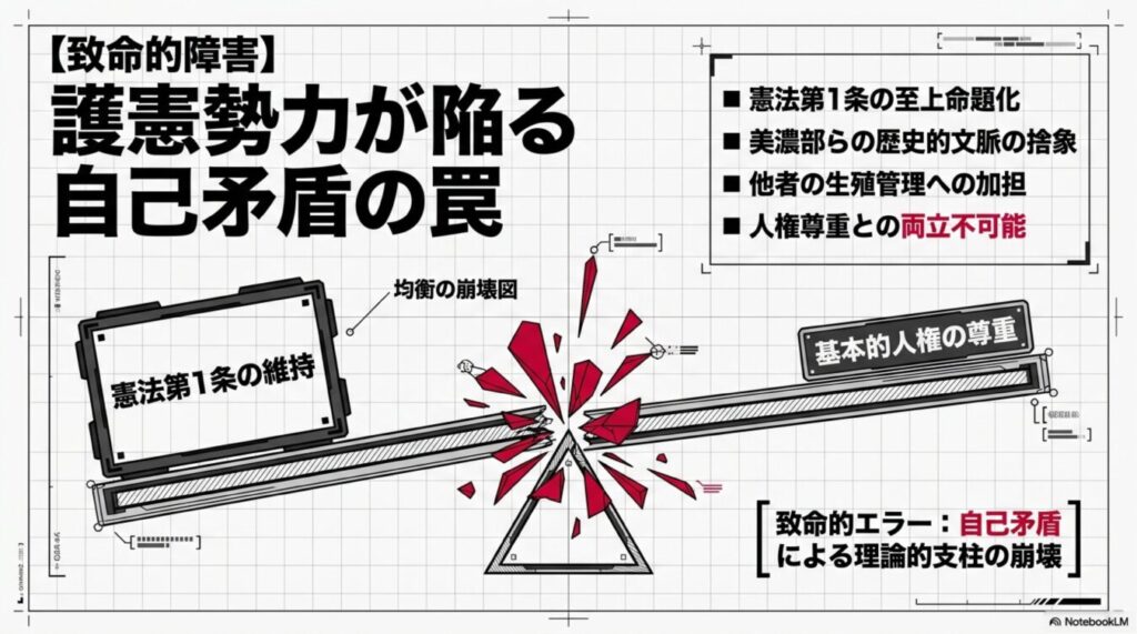 護憲勢力が陥る自己矛盾を解説する図。憲法第1条の維持と基本的人権の尊重が両立できず、理論的支柱が崩壊する様子を描いている。