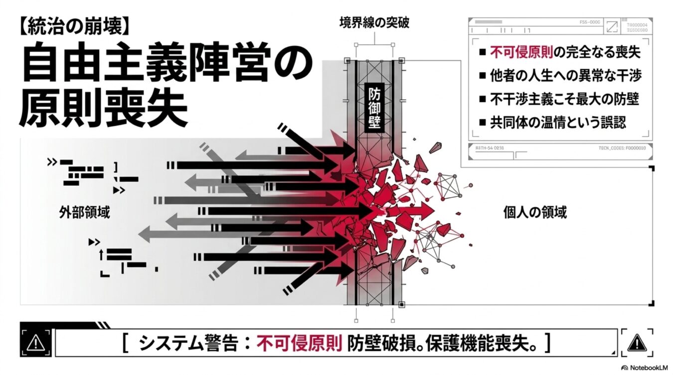外部領域からの矢印が防壁を破壊し個人の領域へ侵入する図。自由主義陣営の原則喪失をテーマに、不可侵原則の崩壊とシステム警告を警告的に表現している。