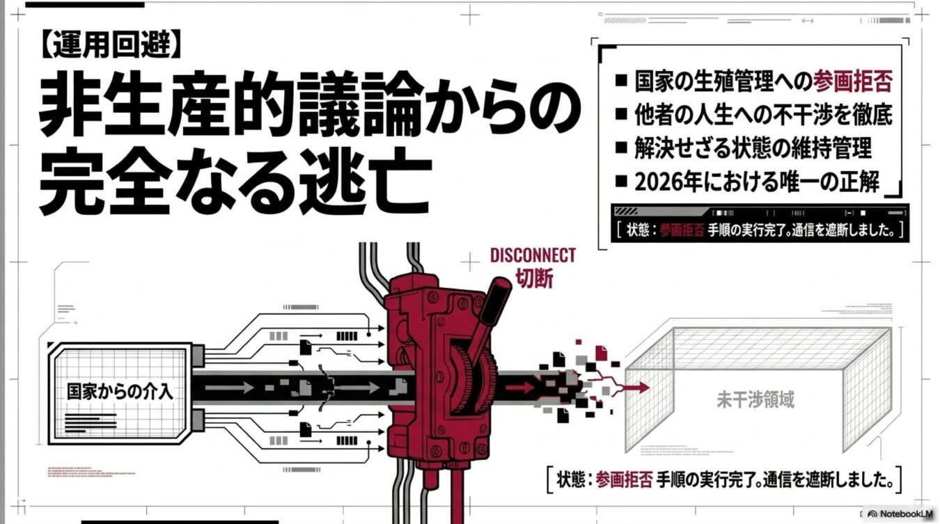 国家の介入を遮断し、非生産的な議論から離脱して未干渉領域を確保するという運用回避の概念を図解したインフォグラフィック。
