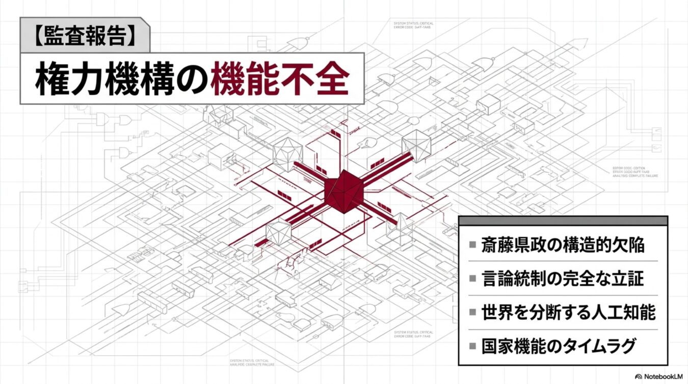 【監査報告】として権力機構の機能不全を掲げ、斎藤県政の構造的欠陥や言論統制、AIによる分断、国家機能の遅延を回路図風の背景と共に図示したインフォグラフィック。