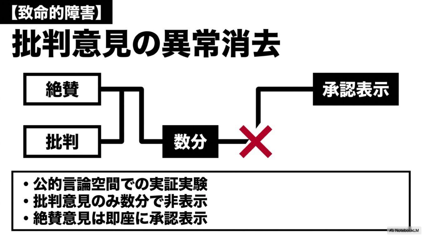 致命的な障害として、公的言論空間において批判意見のみが数分で非表示となり、絶賛意見が承認される異常事態を説明する図解。