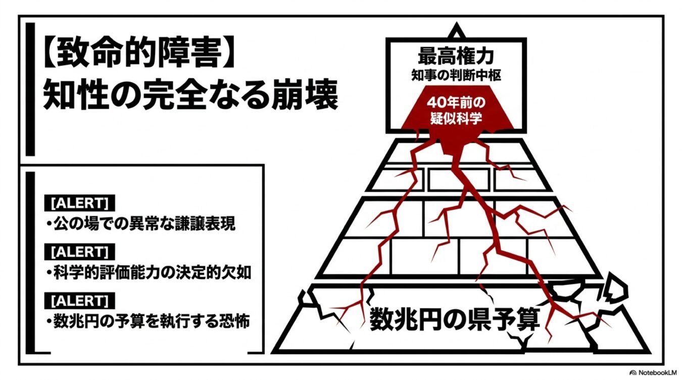 致命的障害として、知性の崩壊と科学的評価能力の欠如、数兆円の県予算執行に対する危惧を、ピラミッドが亀裂し崩壊する図で表現した警告画像。