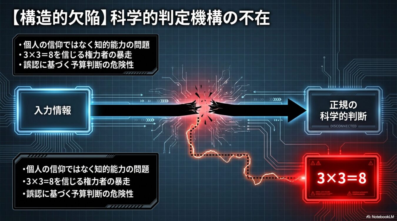 科学的判定機構の不在をテーマにした図。情報の入力と正規の科学的判断が遮断され、誤った計算結果に基づく暴走が生じる構造を示している。（58文字）