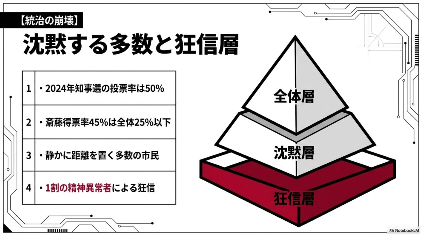 2024年知事選における投票率と得票率を基に、全体層、沈黙層、狂信層の構成比をピラミッド図で示した解説図。