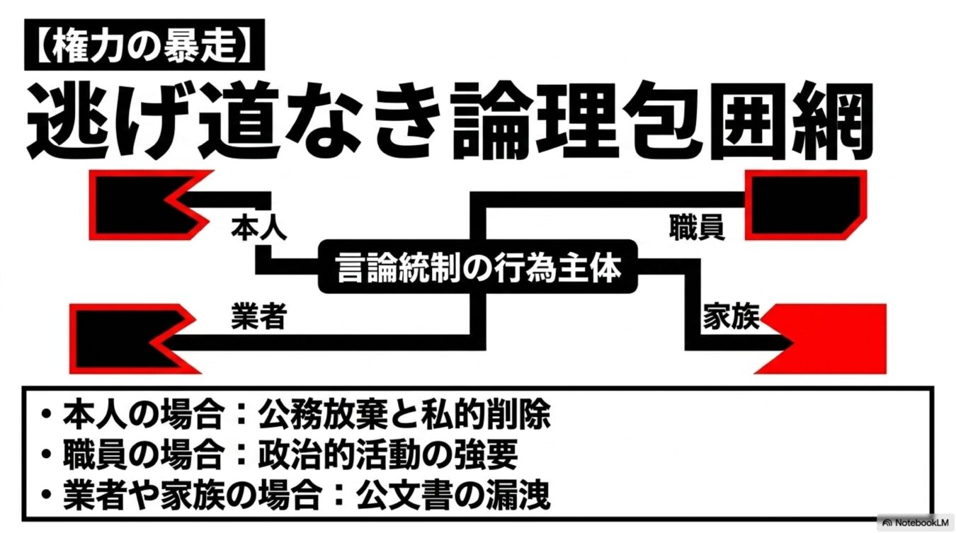 権力の暴走による言論統制の仕組みを図解。本人、職員、業者、家族それぞれに対する公務放棄や政治活動の強要、公文書漏洩などの不当な圧力を示している。