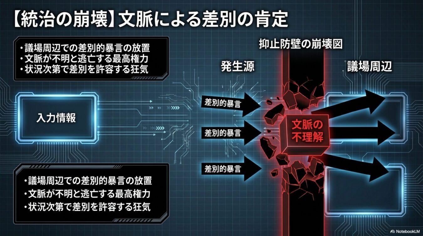 統治の崩壊と文脈による差別の肯定を図解した図。差別の暴言が抑制防壁を破壊し、議場周辺へと拡散する構造を示している。