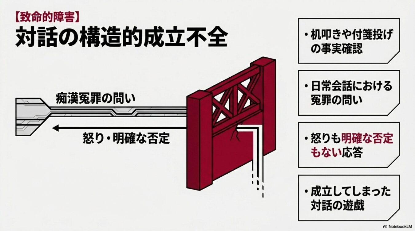 対話の構造的成立不全を図解。痴漢冤罪の問いに対し、怒りや明確な否定がなく対話が成立してしまった状況を解説する図。